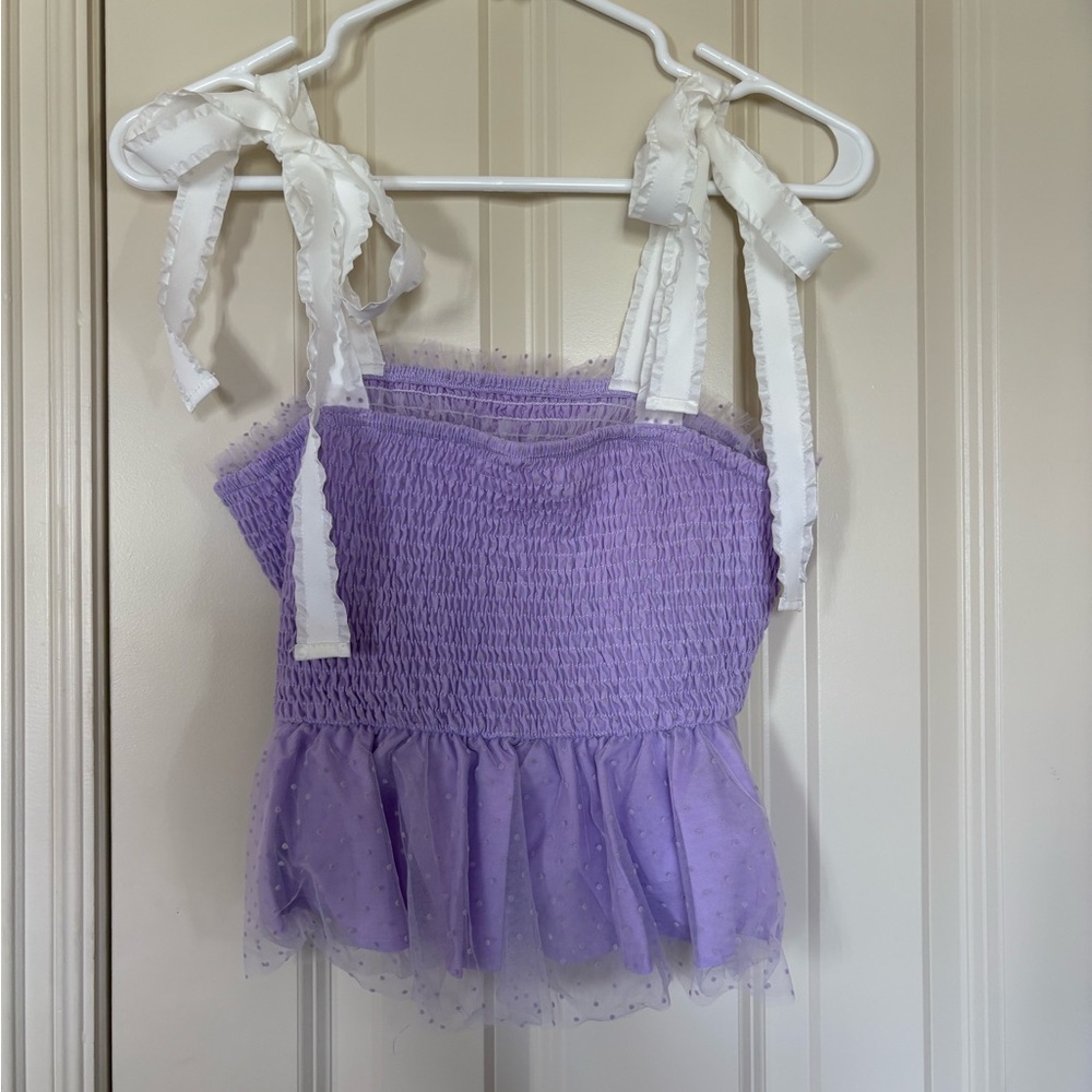 Lavender Smocked Top with White Ribbon Accents